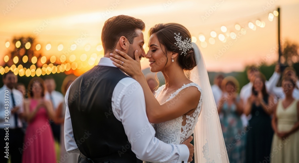Fototapeta premium romantic wedding couple embrace at golden hour outdoor celebration with string lights and guests