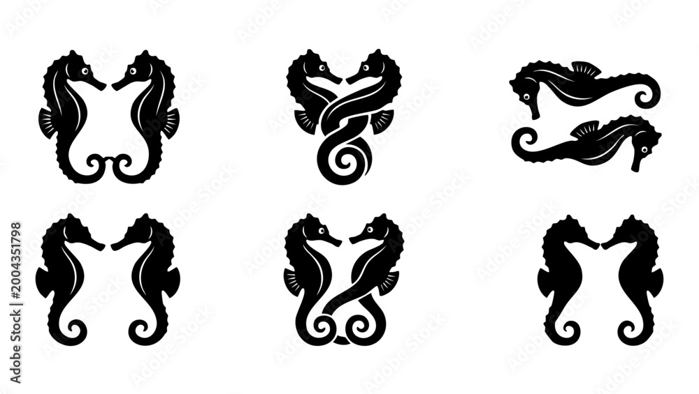 Fototapeta premium Seahorse silhouette set, black sea horse vector icons, marine animal shapes collection for creative logo design and underwater wildlife illustration isolated on a simple white background for graphic a
