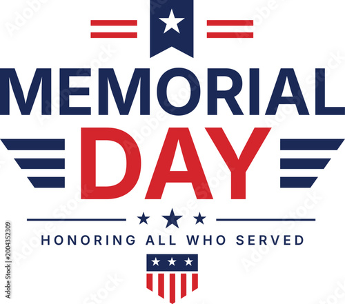 Memorial Day typographic design with patriotic stars and stripes. Honoring all who served. Vector illustration