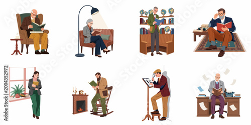 Tableau sur toile Collection of diverse people reading books in cozy home and library settings, featuring scholars, elderly individuals, and passionate bibliophiles