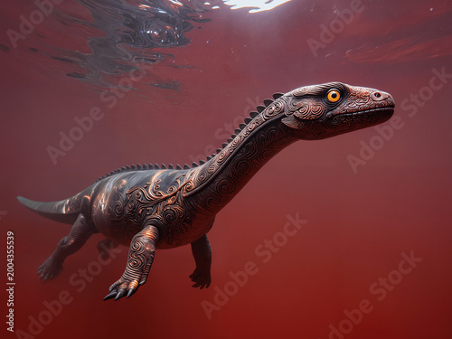 A large, ornate dinosaur swimming in the water with a red background.