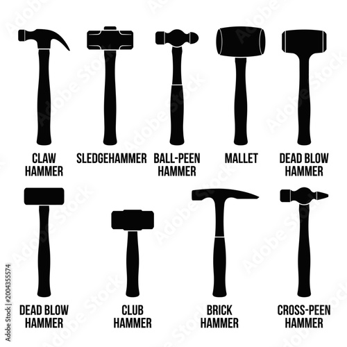 black and white vector silhouette set of hammer types