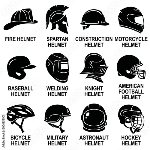 black and white vector silhouette set of helmet types