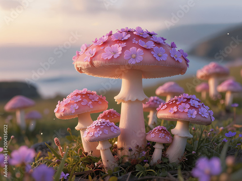 A group of pink mushrooms with white flowers on them.