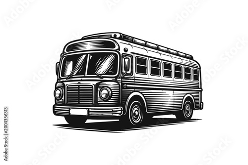 Black and white illustration of a classic school bus on a white background, side view with front slightly angled