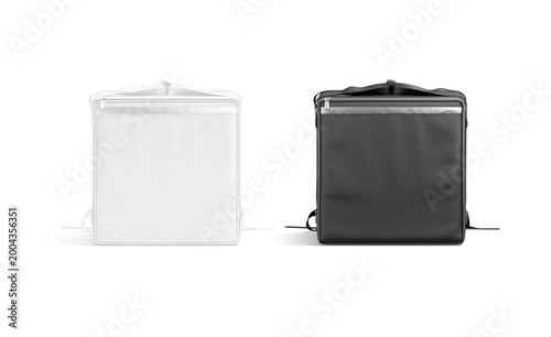 Blank black and white delivery bag mockup png, front view, transparent background, 3d rendering. Empty fastfood packaging or case mock up cut out. Takeout thermo box for pizza delivering template.