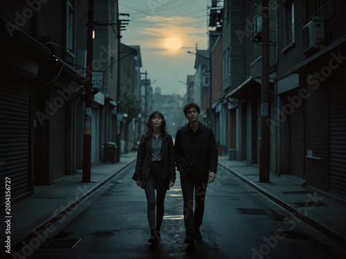 A man and a woman walking down a city street at night.