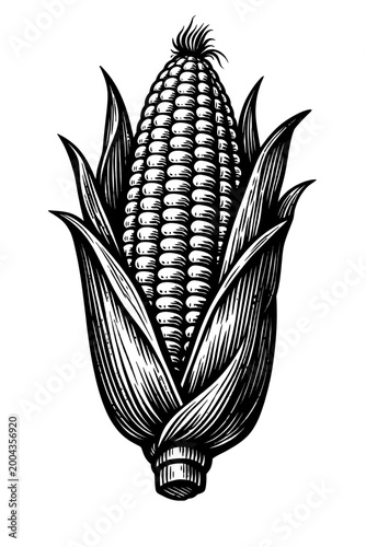 Black and white illustration of a single ear of corn with husk