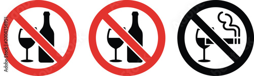Canvas Print No alcohol no smoking, prohibition sign icon set, vector collection featuring wine glass and cigarette symbols with prohibition marks for safety signage and compliance graphics