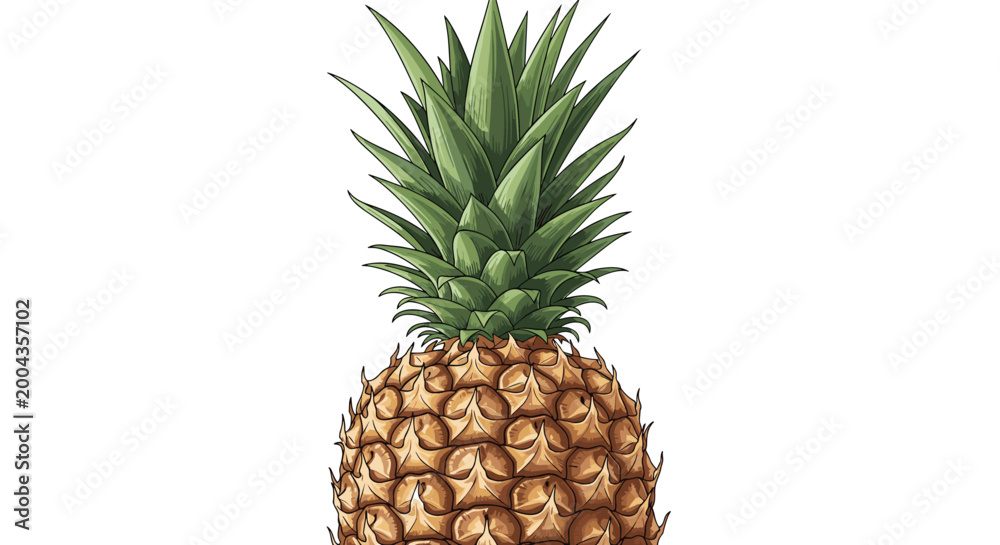 Fototapeta premium Detailed realistic illustration of a fresh ripe pineapple with sharp green leaves and textured brown skin isolated on a white background.