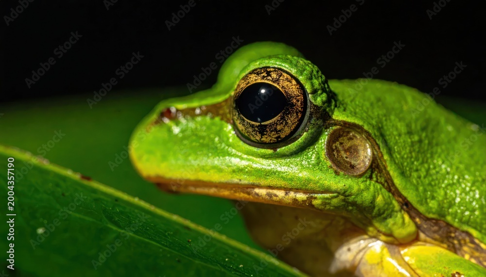 Obraz premium Green Frog Closeup on Leaf Macro.