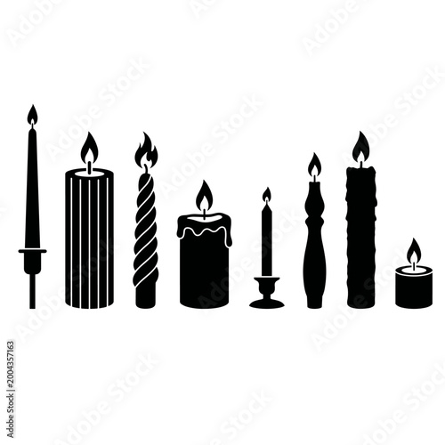 black and white vector silhouette set of candle types