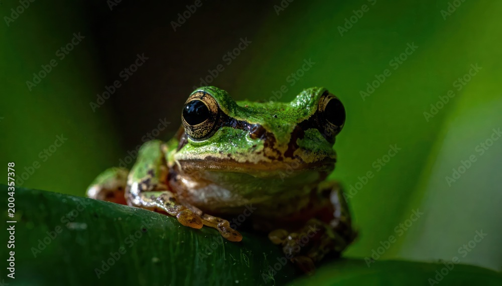 Fototapeta premium Green Frog Sitting on Leaf Closeup.