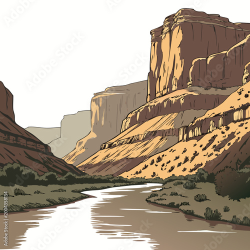 Canvastavla Canyon landscape with river reflection illustrated scenic view high quality prof