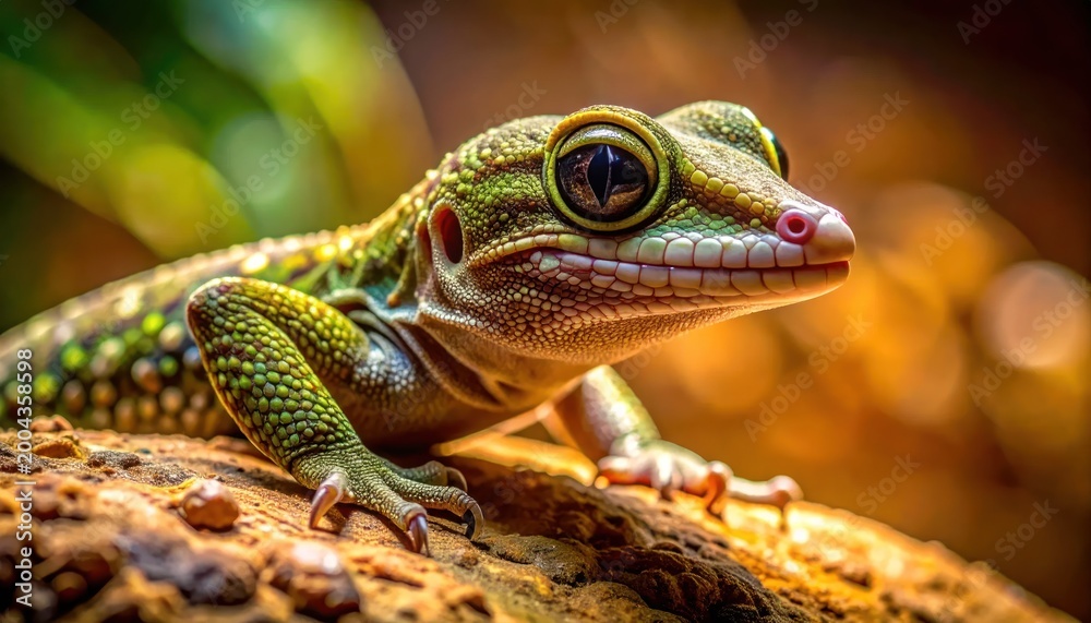 Obraz premium Green Lizard Closeup on Wooden Log.