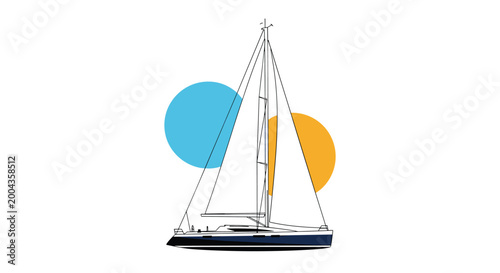 Minimalist line drawing of a sailboat on the water with abstract blue and yellow circular shapes in the background.