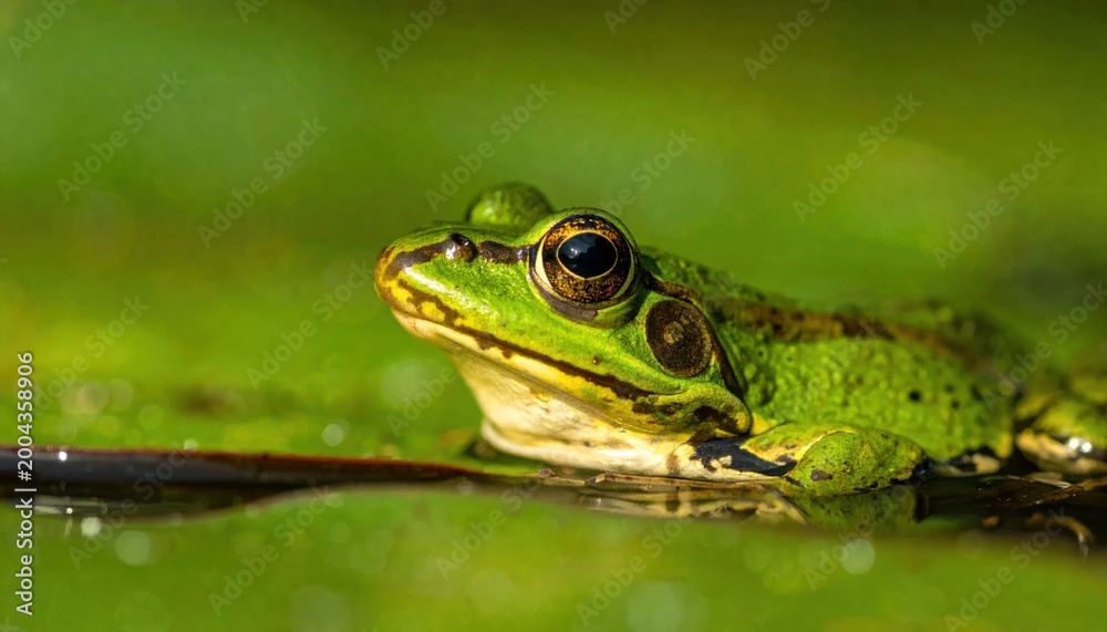 Fototapeta premium Green Frog Sitting on Log in Water.