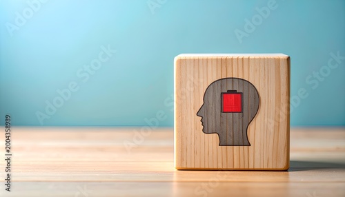 Burnout Prevention Low Battery Icon in Human Head Silhouette on Wooden Block