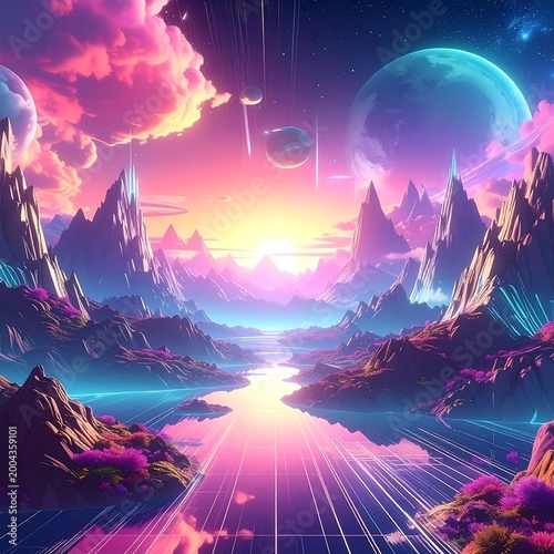 Ethereal alien landscape with glowing, colorful sky