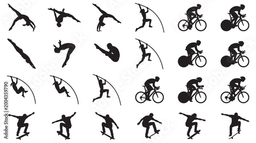 Photos Extreme Olympic Sports Action Silhouettes Set Pack, Editable Vector Stroke Illustration