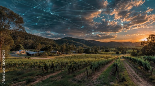 Vineyard with mountains and connected network overlays in the sky