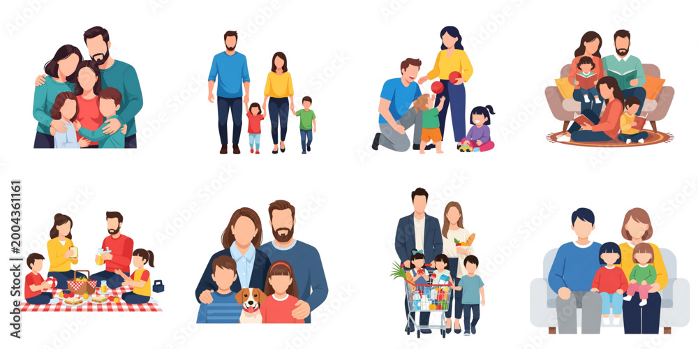 Fototapeta premium Modern Family Character Collection, Flat Vector Set of Parents and Children in Everyday Lifestyle Activities