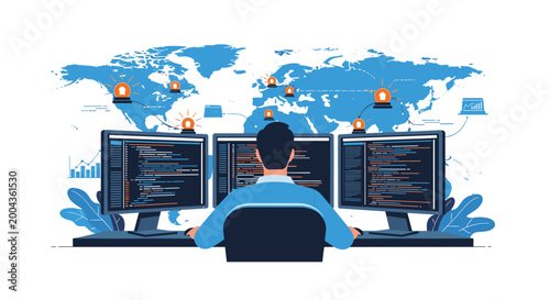 Backend developer or systems administrator working at a desk with three computer monitors monitoring global server status alerts.