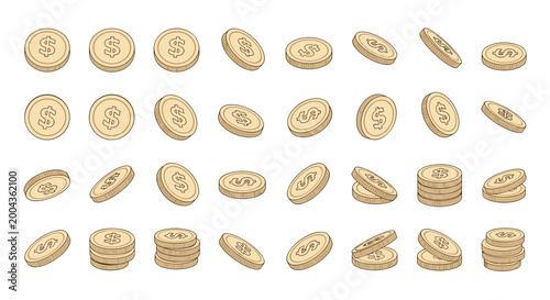 Large assortment of golden dollar coins shown from many different angles and in several organized stacks on a white background.