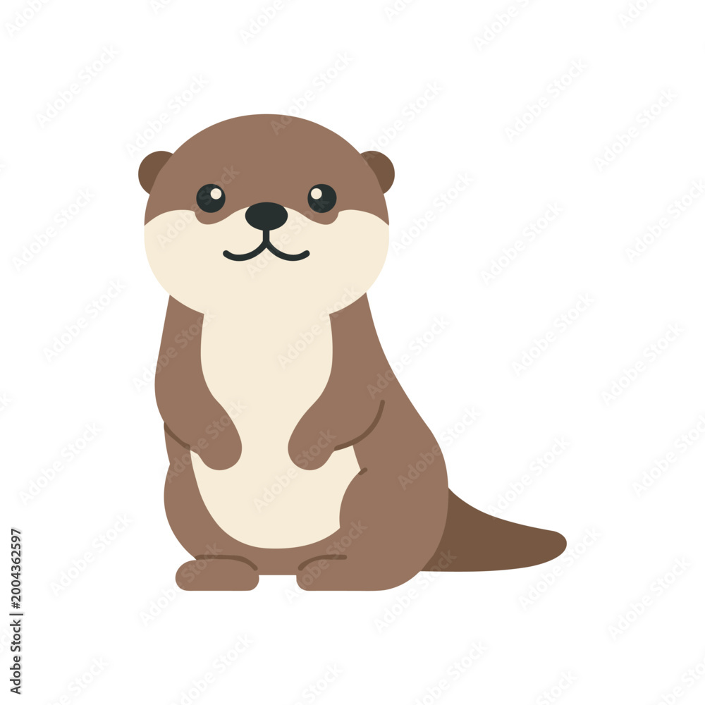 Fototapeta premium Cute otter cartoon illustration in flat vector style, isolated background, featuring a smiling brown river otter with simple shapes