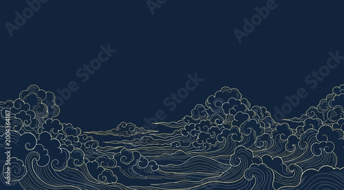 Billede på lærred Traditional japanese style ocean waves and clouds pattern on dark blue backgroun