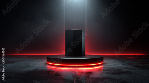 Dark scene black pedestal on wet floor with glowing neon red, block podium for product display