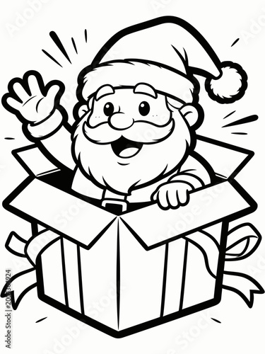 A cheerful cartoon Santa Claus waving from inside a gift box with a joyful expression and a solid white background.