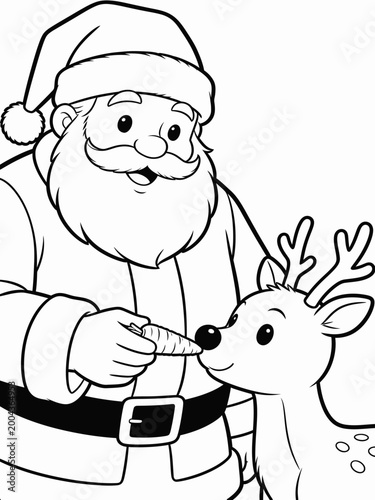 Black and white illustration of Santa Claus feeding a reindeer a carrot on a plain white background with a festive holiday theme.