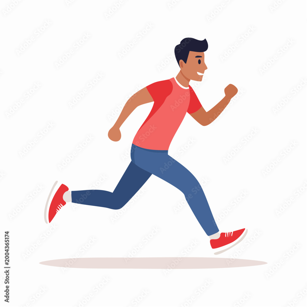 Obraz premium Man Running in Red Shirt and Blue Jeans