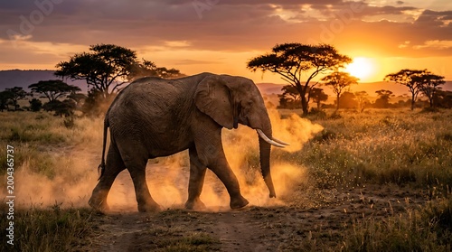 African Elephant Safari Sunset Wildlife Photography - Majestic Wild Animal Travel Scene