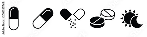Schilderij op canvas Icons depicting various forms of medication including capsules and pills, alongside a sun and moon symbol for dosage timing