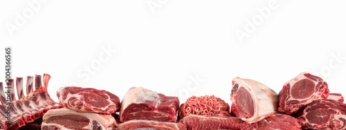 Assorted raw meat cuts including ribs, steak, and ground beef isolated on a white background