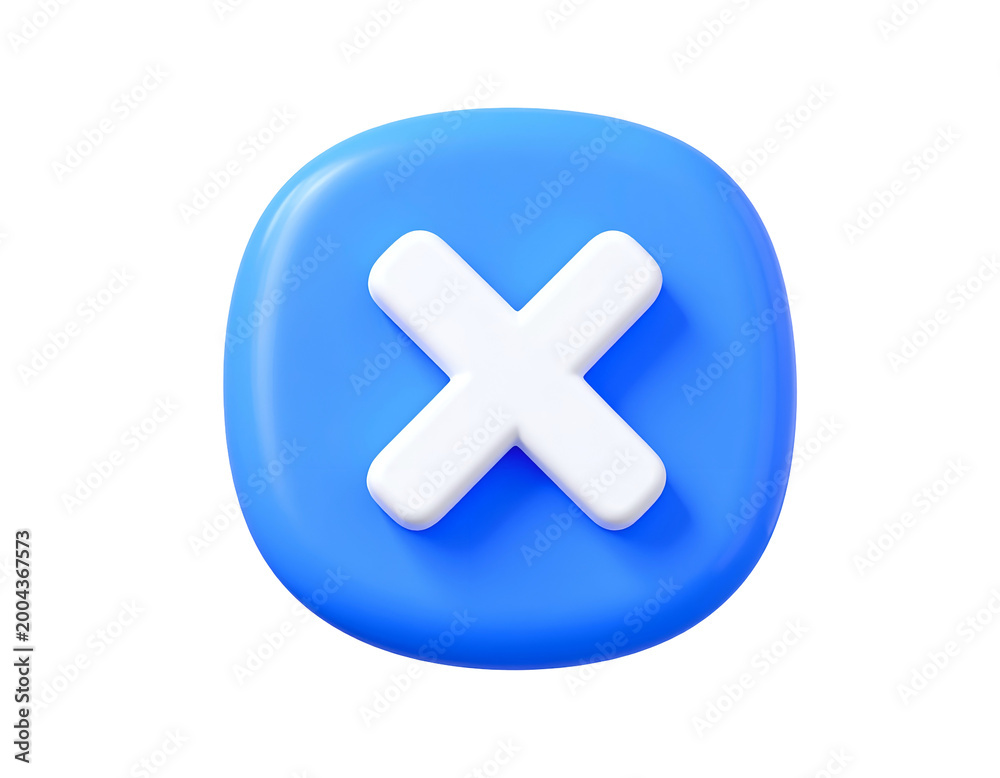 Obraz premium A glossy blue button with a white X symbol, 3D rendered against a black background