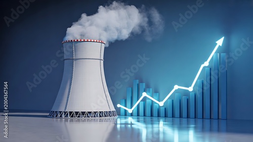 Nuclear power plant with rising graph energy production growth industry concept