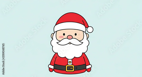 A friendly cartoon depiction of Santa Claus from the waist up, wearing his signature red suit and hat, with a white beard and belt, against a soft blue background.