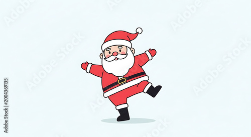 A dynamic cartoon illustration of Santa Claus striking a cheerful dancing pose with one leg raised, dressed in his festive red suit and hat, against a light blue background.