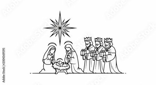 Fotografía Nativity scene with Mary, Joseph, Jesus, three kings, and star