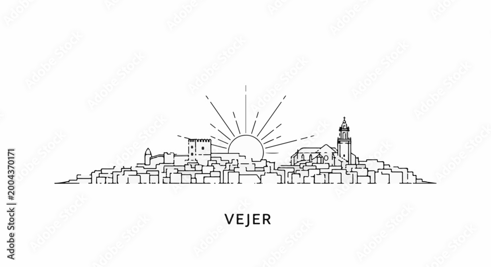 Fototapeta premium Stylized outline of a historic town with a sunburst and bell tower