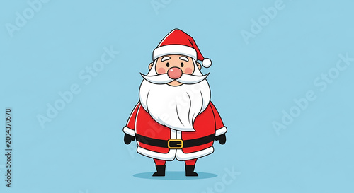 A cartoon illustration of a plump Santa Claus wearing his signature red suit and hat, standing against a plain blue background.