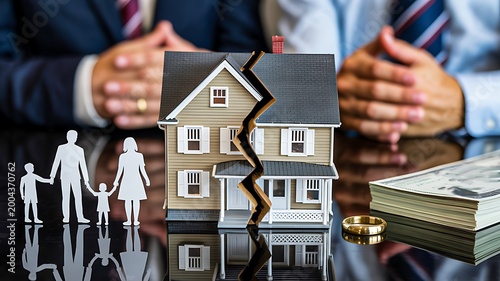 Broken house model with family figures divorce separation property dispute concept