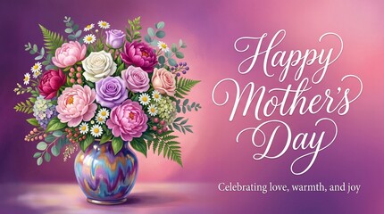 Happy Mother's day background, Mothers day flowers in vase done in AI generated painting, Elegant floral colors of purple pink white and peach in dark green and rusted orange vase.