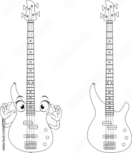 Cute Bass Guitar Cartoon Mascot Coloring Page Vector Illustration