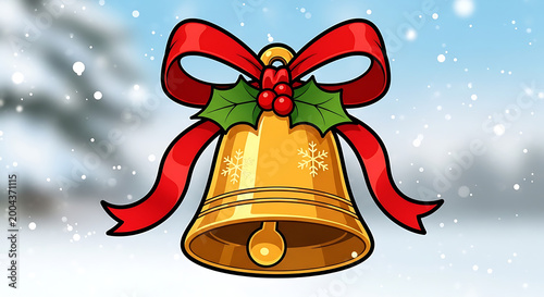 A golden Christmas bell adorned with a vibrant red ribbon and holly leaves, set against a softly falling snowy background.