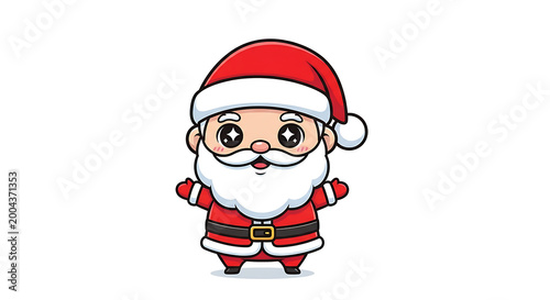 A small, cute cartoon Santa Claus character with big eyes and a wide smile stands with his arms outstretched on a white background.