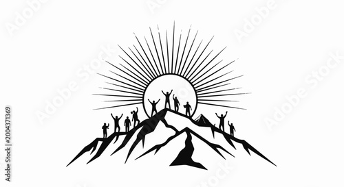 Silhouettes celebrate on a mountain summit against a sunburst